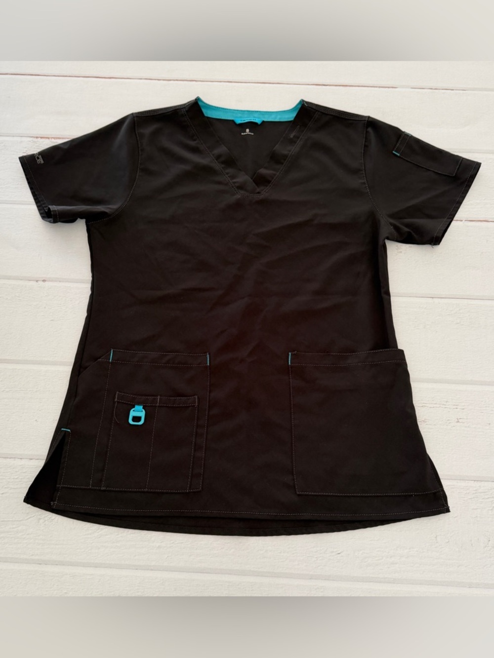 Carhartt Women's Scrub Top Black Teal Trim V-Neck Size Small S Medical Uniform